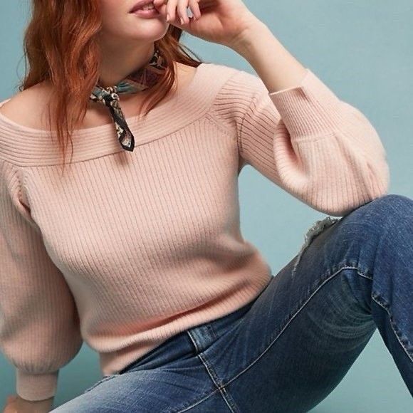 Anthropologie Moth Off The Shoulder Pullover Knit Sweater Balloon Sleeves Pink M - Picture 1 of 14